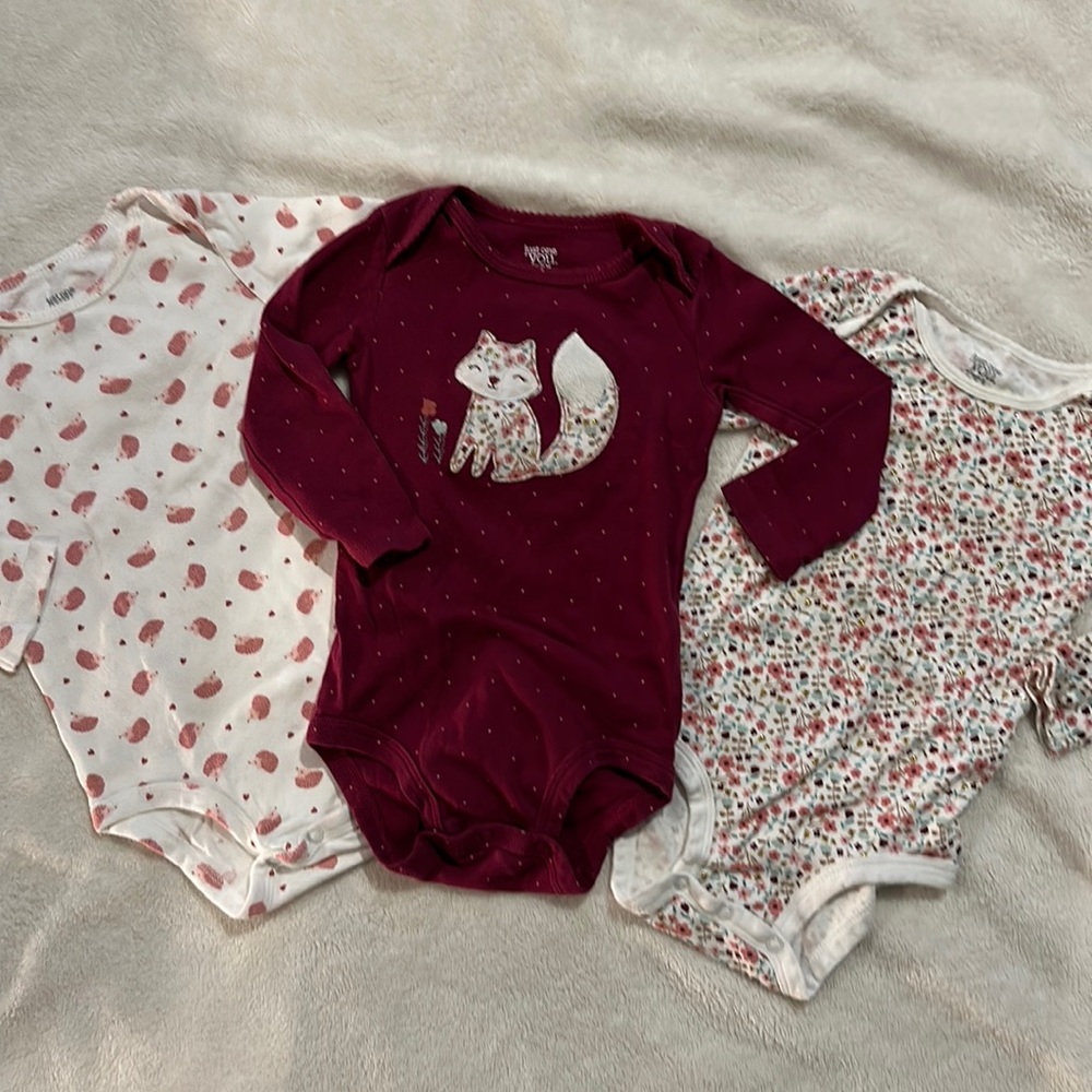 Carter’s 3 piece onesie set. Floral, fox, & hedgehog. Size 18 months.